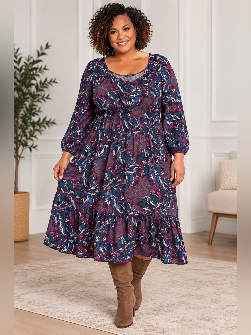 Lane Bryant 18/20 Purple Teal Pink Floral Tiered Midi Dress